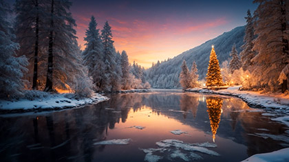 Christmas Glow Mountain Stream Sunset